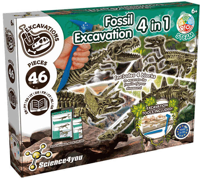 Science4you - Dinosaur Fossil Kit 4-in-1, 46 Pieces, STEM Toys for Kids 6+