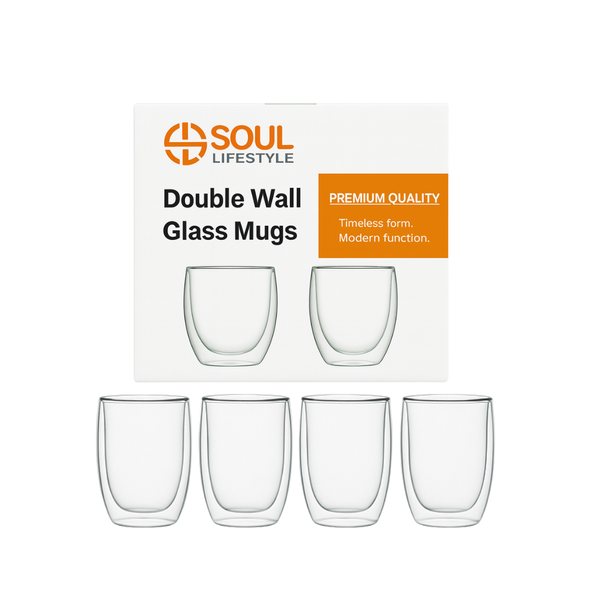 Soul Lifestyle Double-Wall Thermal Borosilicate Glass Mugs 350ml - Set of 4