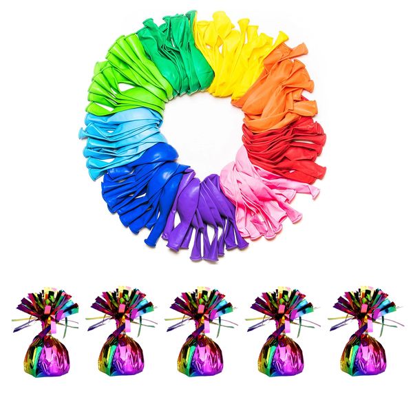 Coloured Balloons - Pack of 50 &amp; Rainbow Balloon Weights - Pack of 5