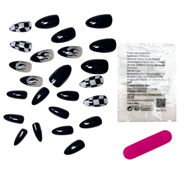 24Piece Flame &amp; Checkered Chic Press-On Nails Set - Multicolor