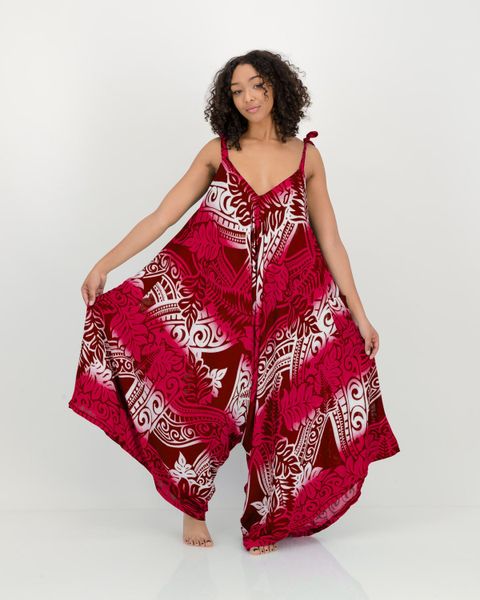SKA VV Tie Shoulder Flower Palm Umbrella Jumpsuits- Red