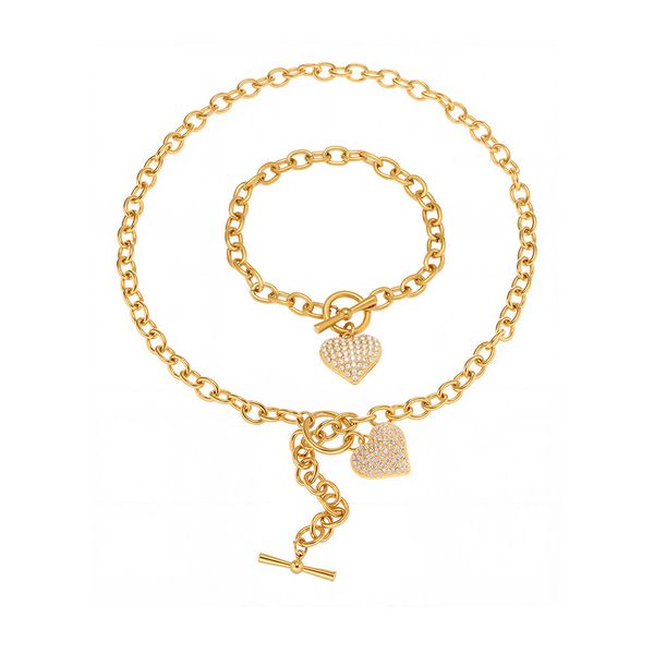 Lock &amp; Key Heart Set - 5A Zirconia Pavé Collar Necklace &amp; Bracelet