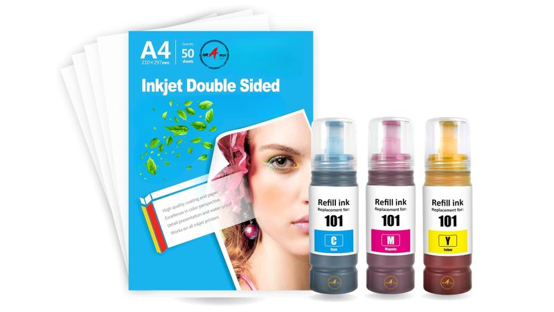Ink Bottles Compatible with Epson EcoTank M101, C101, Y101 + 50 Paper
