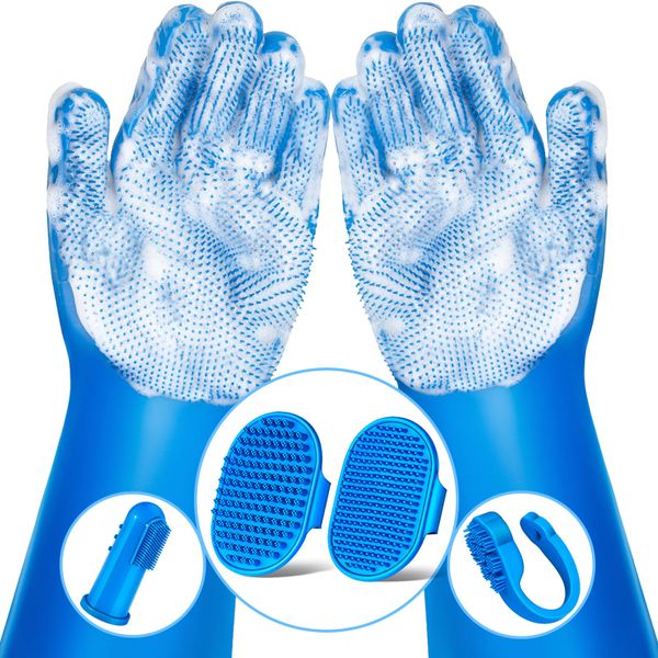 6 Piece Pet Grooming Kit - Washing Gloves, Bath Brush, Toothbrush Finger