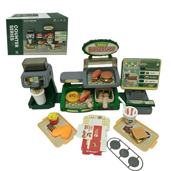 Kids Mini Burger Shop Play Counter Set - Pretend Fast Food Restaurant