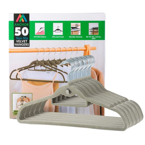 Anchor Velvet Hangers 50 Pack Non Slip Slim 0.6cm | 360 Hook | Grey
