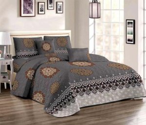 Luxury Bedspread Set - Queen Size - 5-Piece Microfiber Grey &amp; Silver Ethnic Design