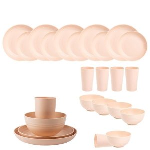Ojees Homeware- 24 Piece Unbreakable Wheat Straw Dinnerware Set - Pink