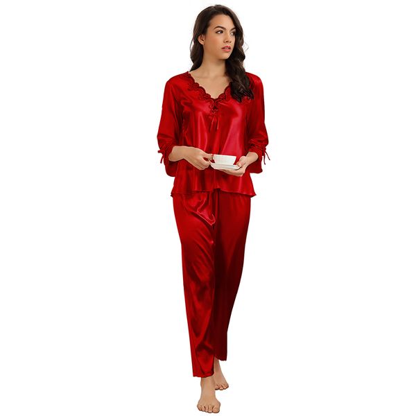Edendiva's High Quality Long Sleeve Silk Pajama Set Two Piece Set - Red