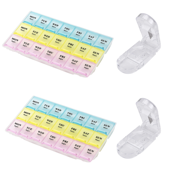Daily Pill Organiser and Dispenser - 3-Times-a-Day + Pill Cutter - 2 Pack