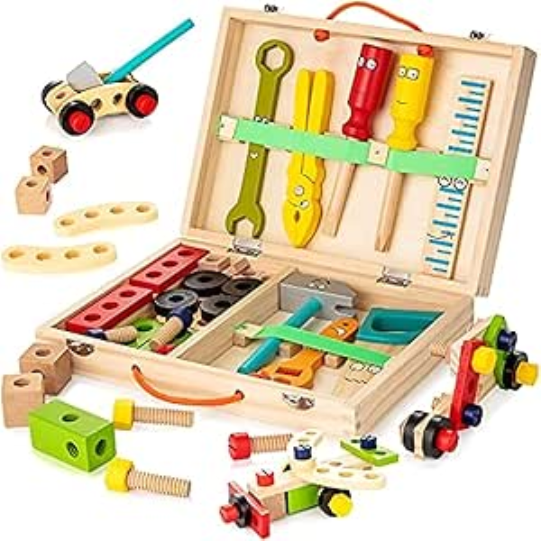 Pretend Play Toddler Wooden Tool Toys With Tool Box, Educational -PANOLI