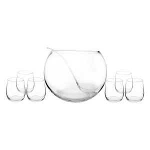 Consol Genoa Glass Punch Bowl, 6 Glasses (340ml) and Plastic Ladle 8 Pce Set, 11lt (300mm Diax230mm)