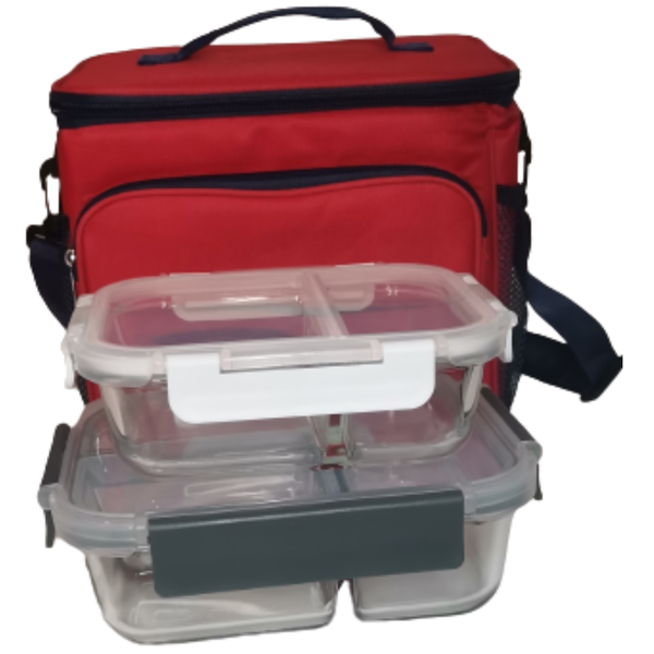 Glass Lunch Box Set of 3 Foil Insulated Tote Cooler Bag Microwave Safe
