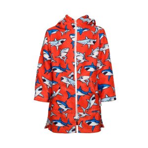 Kids Hooded Beach Towel, Full Zip, Long Sleeves Orange Shark