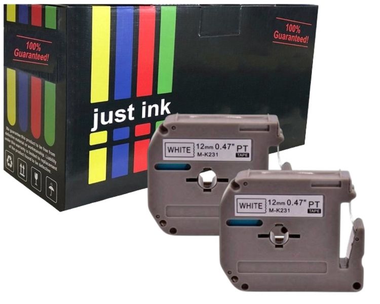 White Label Tape Compatible Brother M-K231 (12mmx8m) Non Laminated Blk x 2