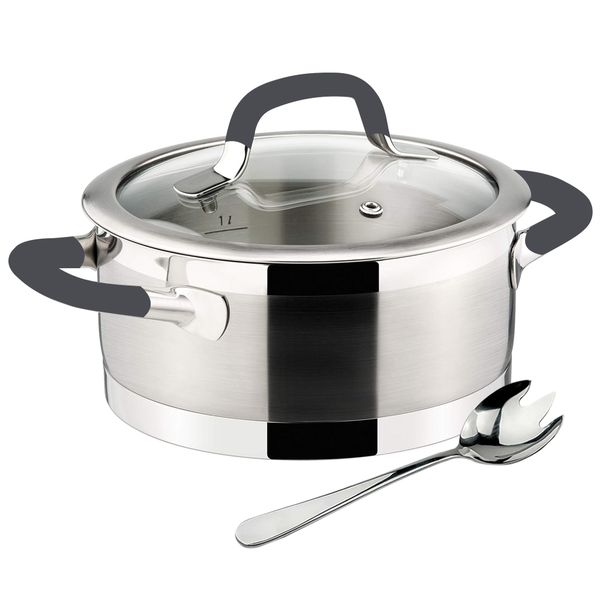 6.5Ltr -Large Stainless Steel Casserole with Tempered Glass Lid with Fork
