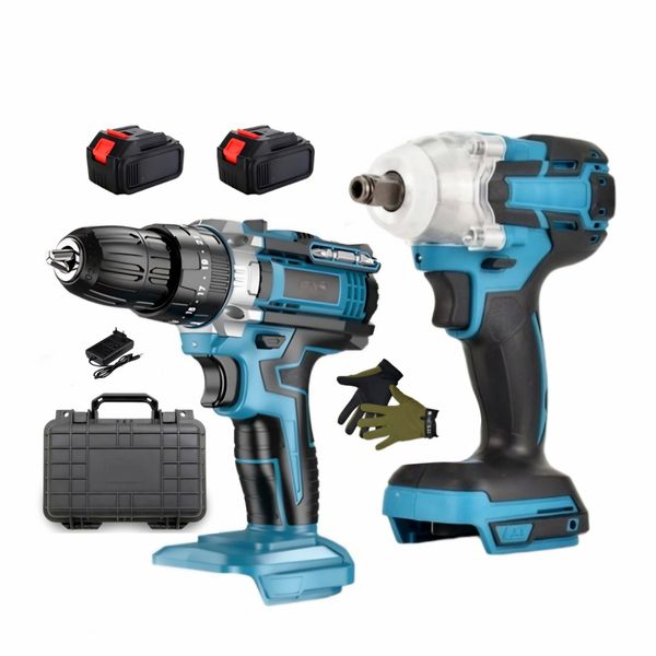 2 Pieces Cordless Drill &amp; Impact Wrench With Batteries, Gloves, Case &amp; Charger