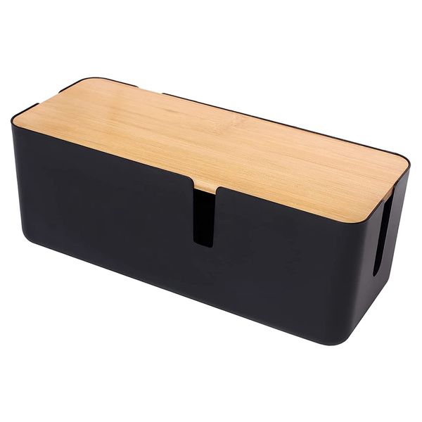 Cable Management Box with Bamboo Lid for Extension Cord (Black)