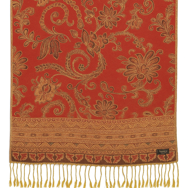 Red Floral Paisley Pashmina Shawl - Elegant Gold Woven Scarf with Tassels