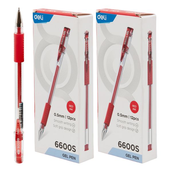 Deli Gel Pens Neutral Red Fine 0.5 mm Tip Grip Smooth Writing - 24 Pack