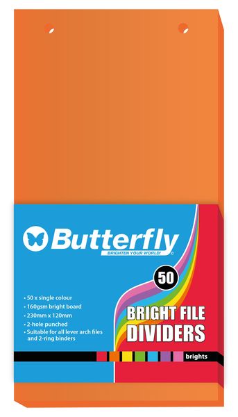 Butterfly File Divider 120mm X 230mm Bright Board - Pack Of 50 Orange