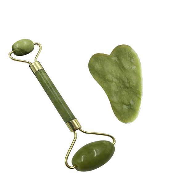 Women Natural Jade Facial Roller&amp;Body Scraping Board Massager Set-Green