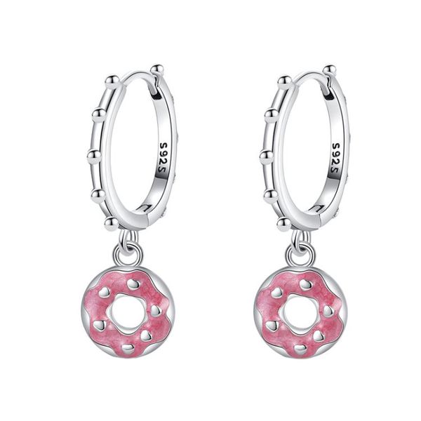 Girls 925 Sterling Silver Pink Donut Charm Drop Hoop Earrings for Women