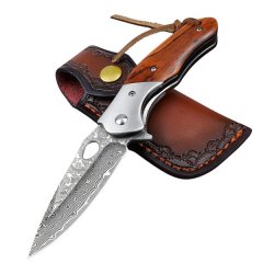 305 Rosewood Handle Damascus Folding Pocket Knife with Leather Case 18.5cm