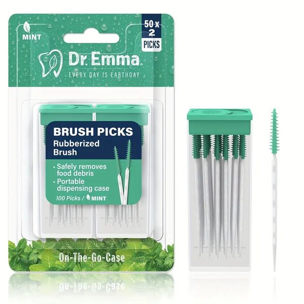 Tooth Picks - 100 Mint Flavored Interdental Picks with Soft Rubber Bristles