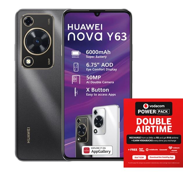 HUAWEI Nova Y63 6GB+128GB LTE Dual Sim - Black + Vodacom SIM Card Pack