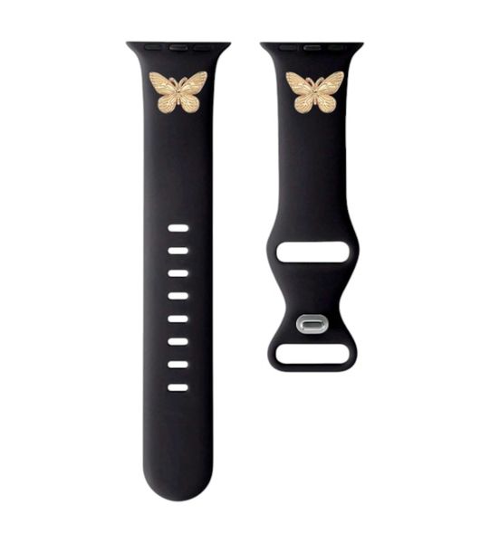 Silicone Watch Strap With Gold Butterfly For Apple - Black
