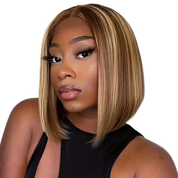 Short Bob Wig Straight Lace Front Wig-13X4 Peruvian HairHighlight Wig 12in