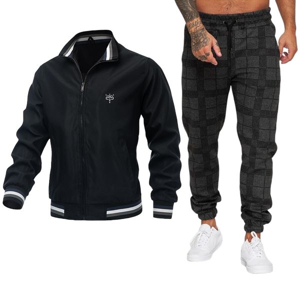 Tracksuits for Men - Black Windbreaker Jacket and Checkered Joggers Pants
