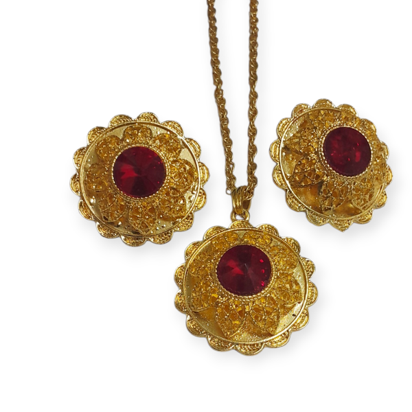 Luxury Gold Plated Floral Ruby Crystal Jewellery Set