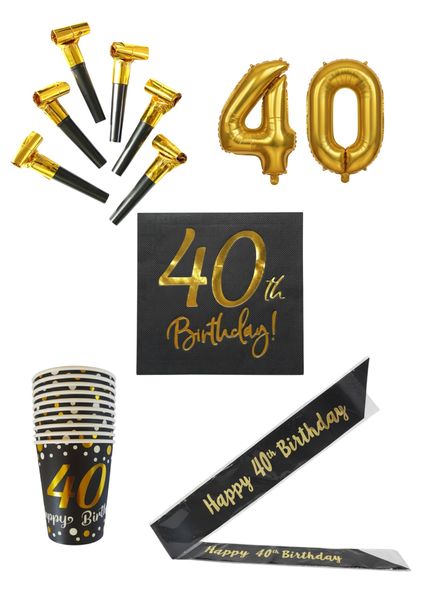 Black &amp; Gold Happy 40th Birthday Party Pack Combo Decorations &amp; Serveware