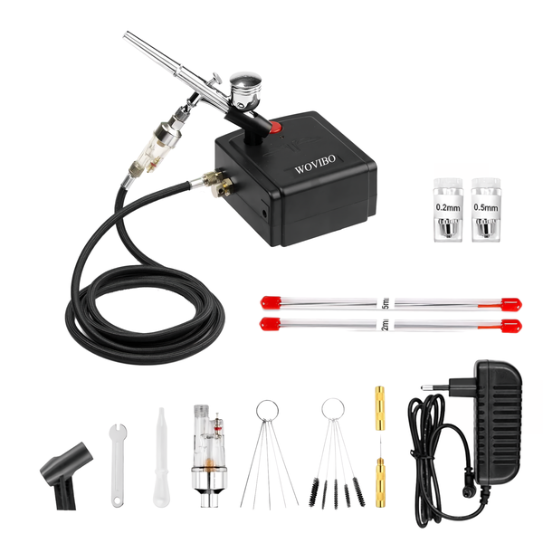 WOVIBO Professional Mini Airbrush Kit Portable Compressor TC100-0.2/0.5mm