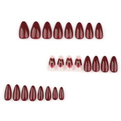 Dark Red Almond Press on Nails Fake Nails with Floral Steel Ball Design