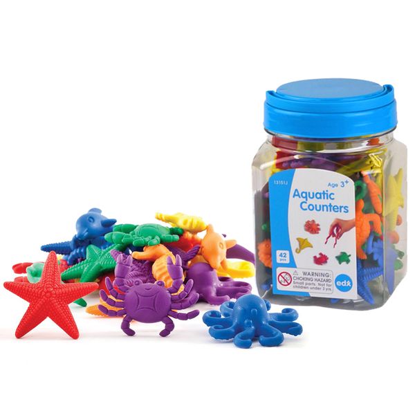 EDX Education Aquatic Counters 42pcs- 7 Shapes- 6 Col w Tweezer