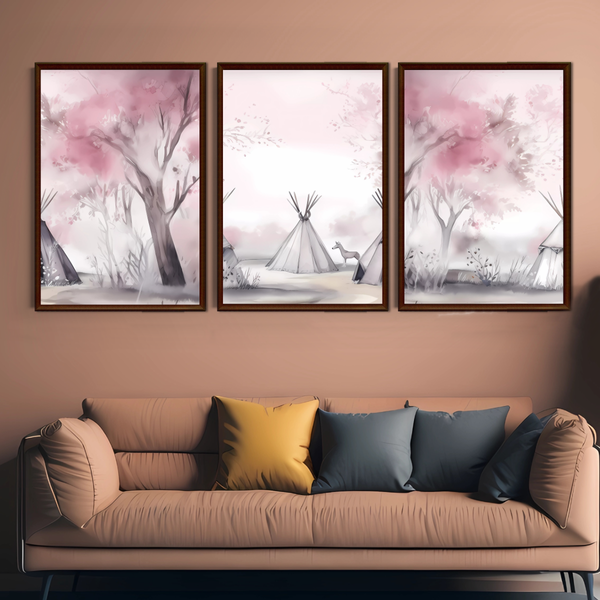 Set of 3 Wall Art Decor Prints - A3 Size - Pink Boho Panoramic (Unframed)
