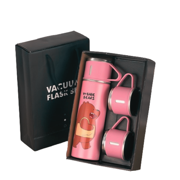 Animated 500ml Insulated Vacuum Flask with 3 Mugs Set- Pink