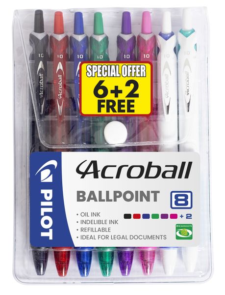 Pilot BAB-15M Acroball Medium Ballpoint - Wallet of 8 Assorted Colours