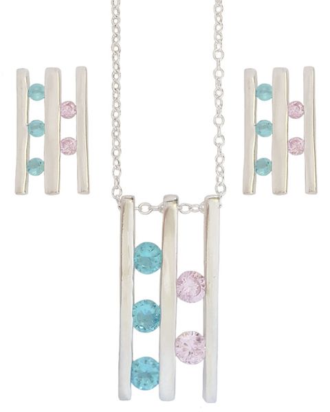 Miss Jewels-Pink &amp; Blue CZ Necklace &amp; Earring Set in Silver