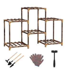 Bestby- 6/8 Tiered Carbonized Wood Pot Plant Flower Stand Shelf with Tools