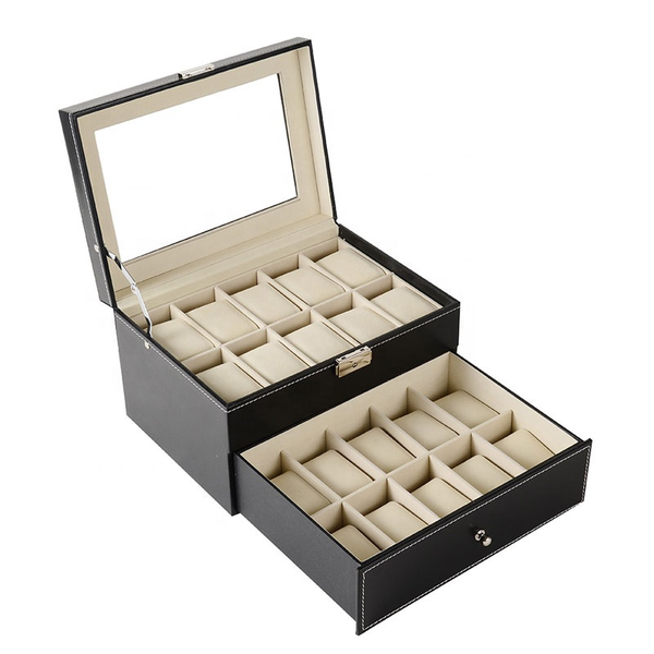Jack Brown Luxury 20-Slot PU Leather Watch Display Box - Black