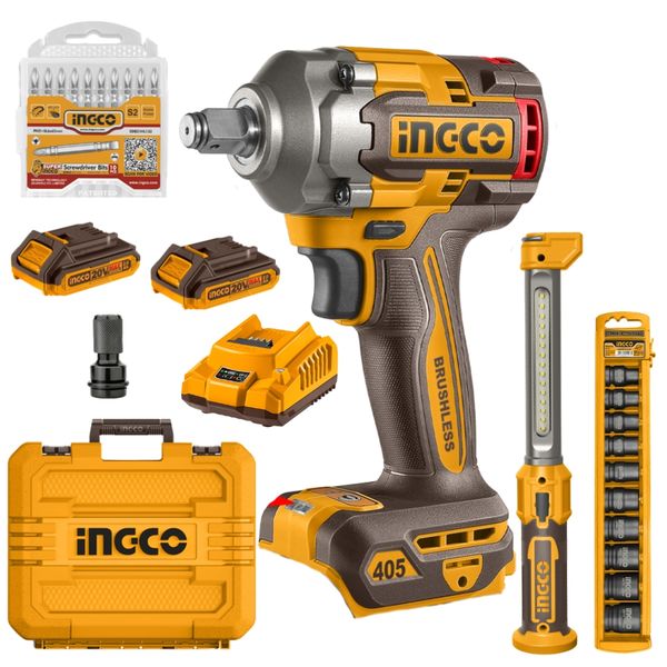 Ingco - Cordless Impact Wrench &amp; LED Work Lamp with Battery, Charger &amp; Acc