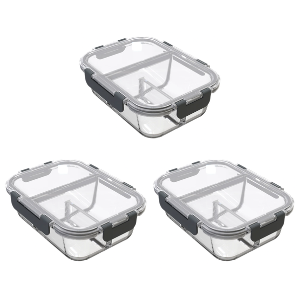 Split Compartment 930ml Borosilicate Glass Food Containers - 3 Pack