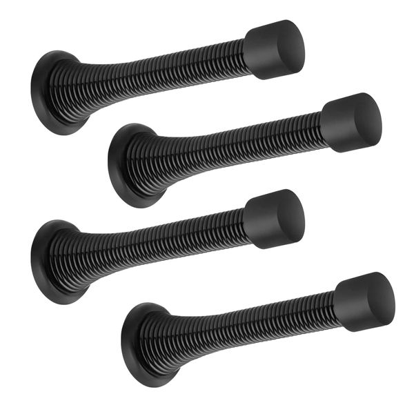 Tools Heavy Duty Flexible Black Rubber Spring Door Stops Set of 4 - 11.9cm