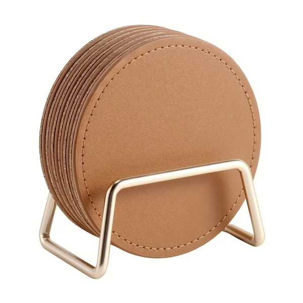 Luxe Leather Coasters with Metal Holder - 6 Pack