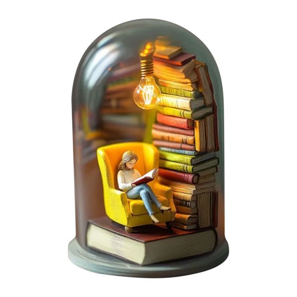 Book Lover Night Light, Mini Reader LED Sculpture, Desktop Ornament