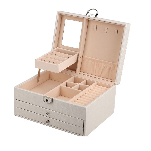 Lockable Multi-Layer PU Jewelry Box, Pearl White for Travel &amp; Home